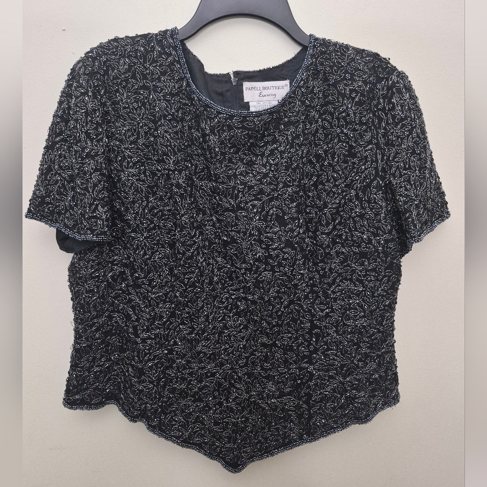 Papell Boutique Black and Silver Beaded Blouse XL